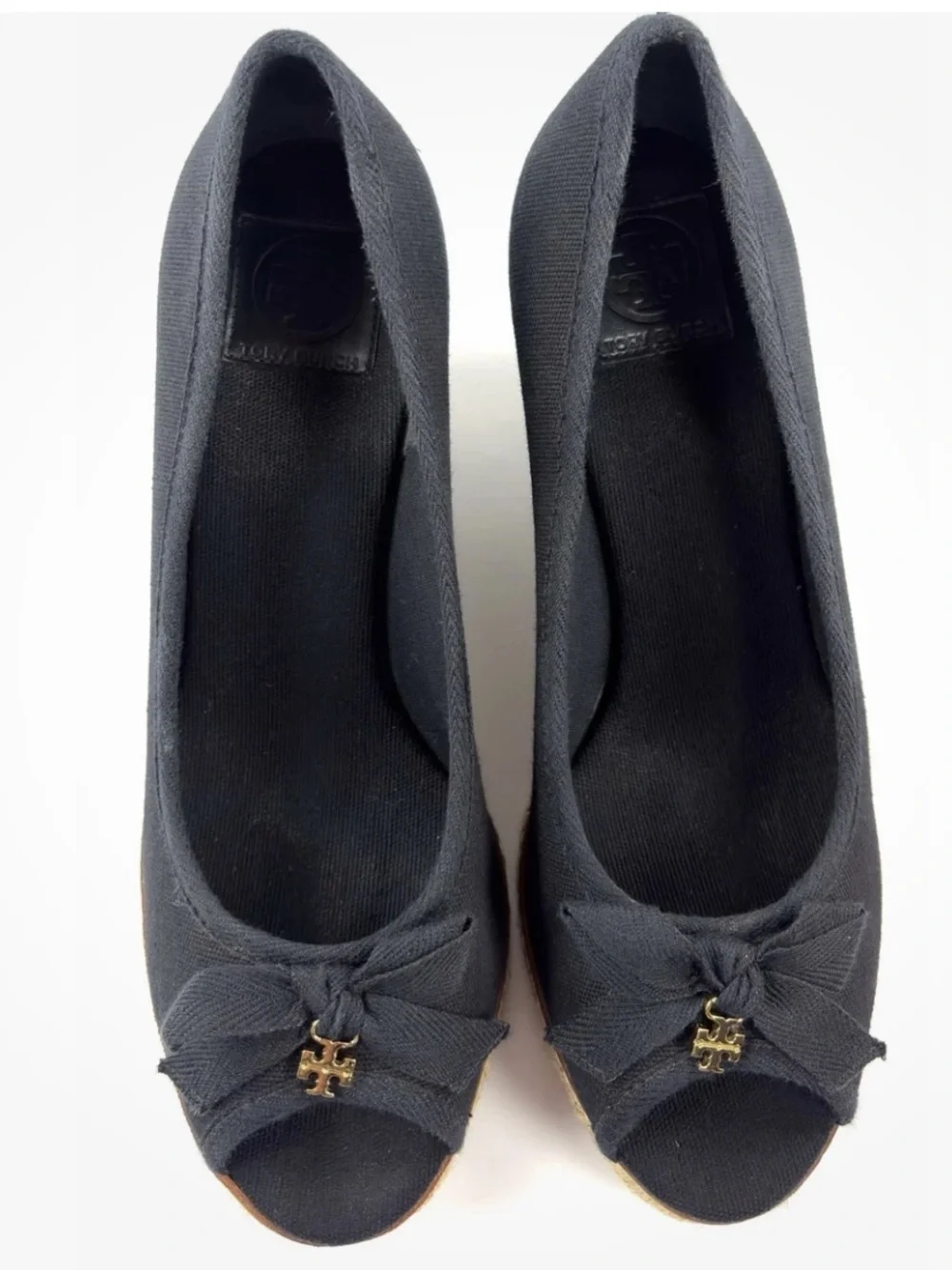 Tory Burch Jackie Espadrille Wedge Pumps Black Canvas Peep Toe Bow Size 8